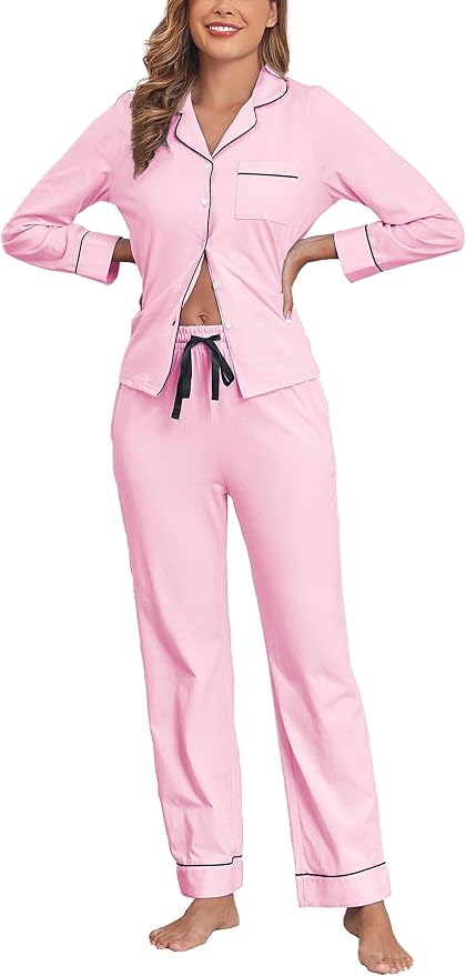 Veseacky 100% Cotton Pajamas for Women Set Long Sleeve Button Down Sleepwear Soft Pjs Lounge Sets with Pockets XS-XXL