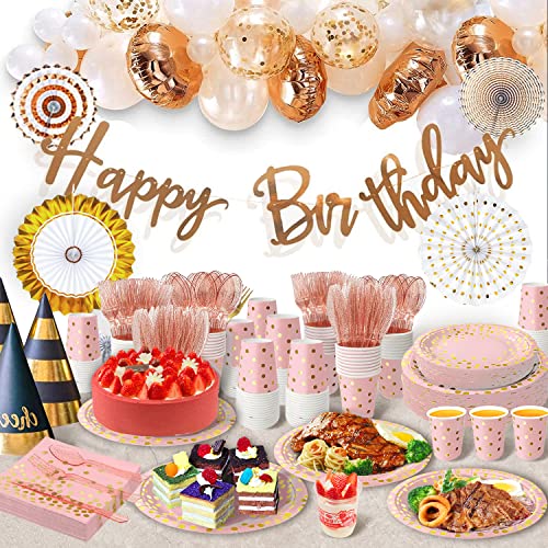 AIRE 175PCS Pink Rose Gold Plates Party Supplies Severs 25 Guests Disposable Party Decorations, Plastic Forks Knives Spoon...
