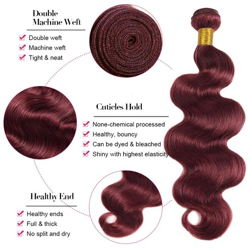 99j Burgundy Bundles Human Hair Body Wave Bundles Human Hair 26 28 30 Inch Wine Red Brazilian Hair 3 Bundle 50 Gram Per Bundle Unprocessed Virgin Remy Hair Extensions