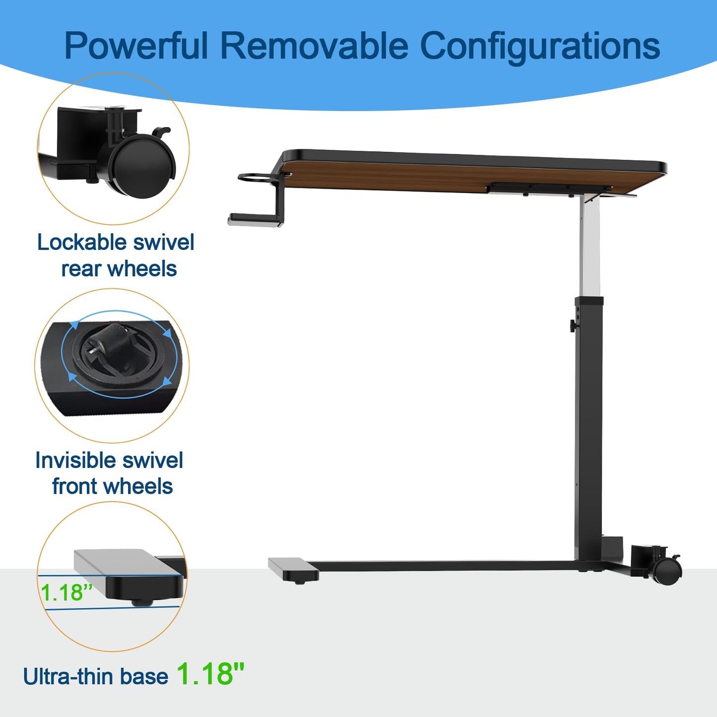 Loyoda Adjustable Overbed Table with Invisible and Lockable Wheels ，Bedside Table with Cup Holder，Standing Desk for Medical or Home use Rosewood Color（30.3" W x 15.3" D）