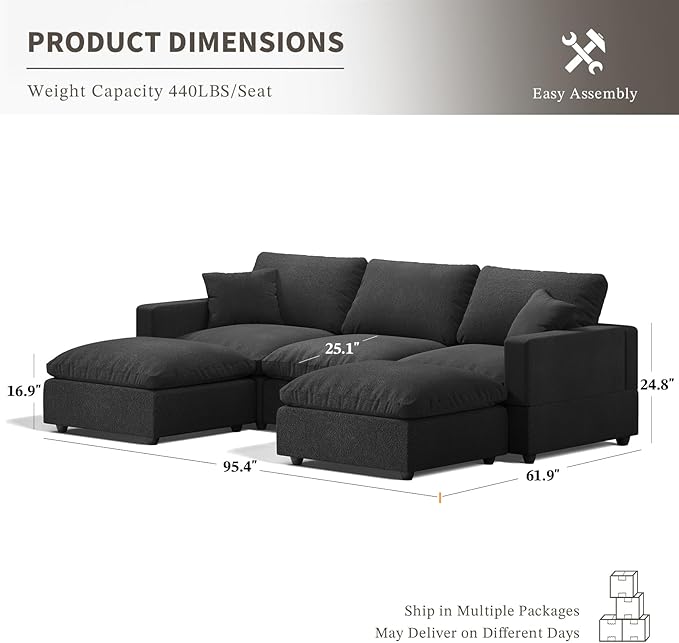 Modular Sectional Sofa Cloud Couch for Living Room, Modern Minimalist Comfy Deep Sofa Couches, Upholstered Couch with Removable & Washable Cushion Covers, Wide Armrest, Filled with Down and Cotton