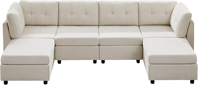 VANOMi 4 Seater Modular Sectional Sofa with 2 Ottomans, 118" Cloud Sofas & Couches, Comfy Chenille Sectional Couches for Living Room, Apartment, Office, White, U Shaped