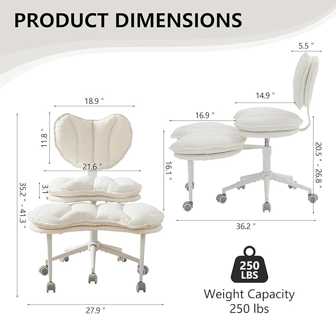 Cross Legged Office Chair with Wheels, Double-Layer Cushion & Backrest, 360° Swivel Meditation Yoga Chair, Adjustable Height Ergonomic Desk Chair for Adults & ADHD, Teddy Fabric, Ivory