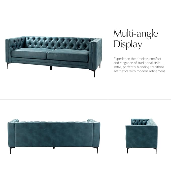 HULALA HOME 84" W Faux Leather Sofa, Mid Century Modern Couch with Metal Legs and Button Tufted, 3 Seater Contemporary Upholstered Couches for Living Room, Entertainment Area, Apartment, Blue