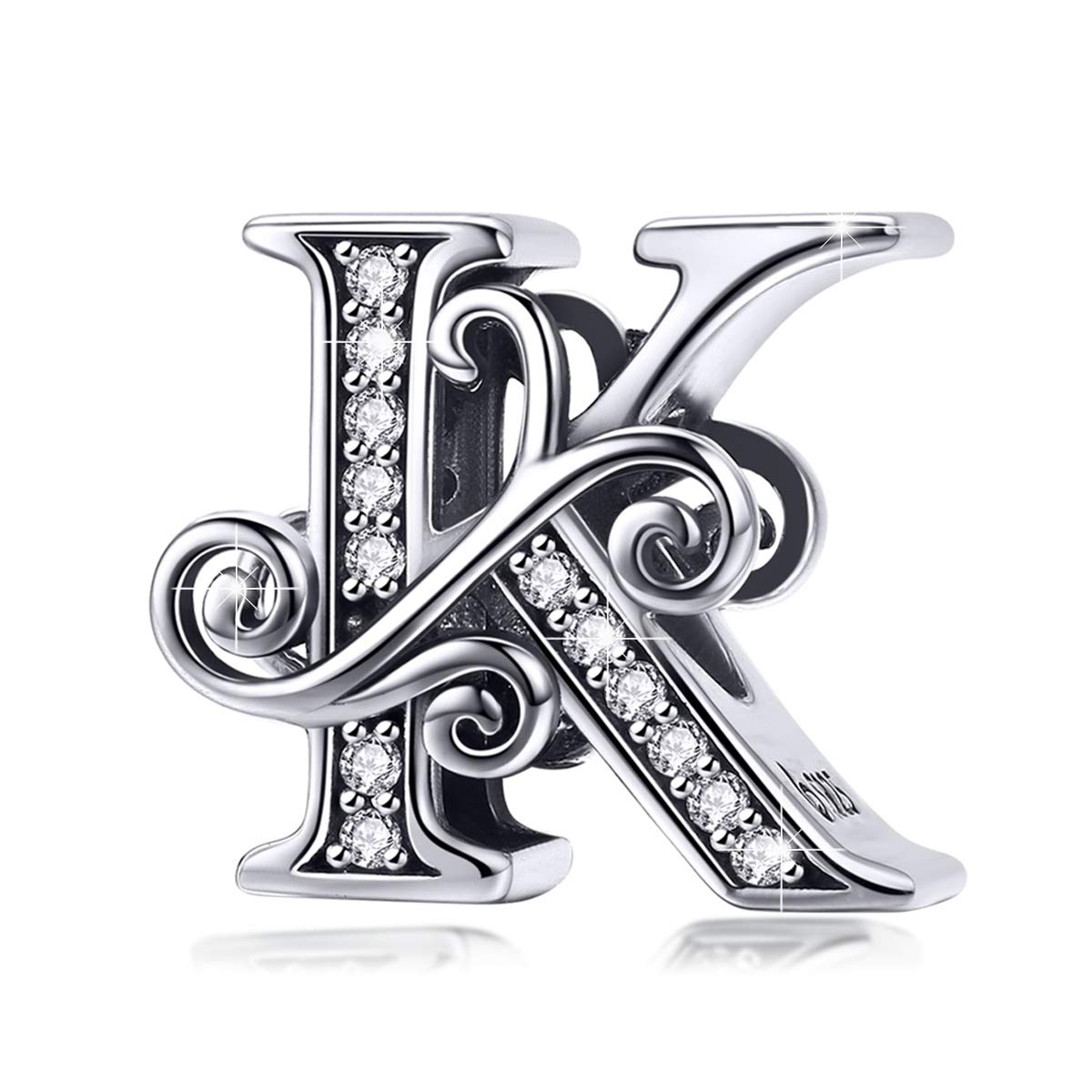 BISAER 925 Sterling Silver Initial Letter K Charms for Bracelets Alphabet Beads Charm Jewelry Gifts