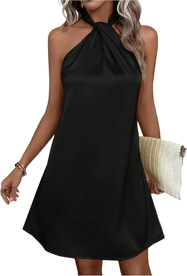 Floerns Women's Pearl Beaded Halter Twist Sleeveless Tie Back Dress A Line Dress