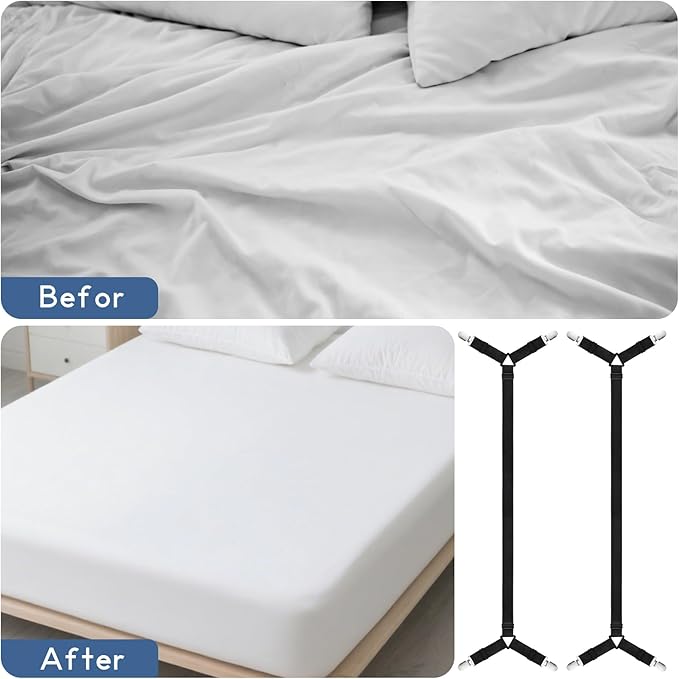 CHRORINE Bed Sheet Holder Straps Adjustable Sheet Fasteners Clips Keep Bedding Stays in Place, 4 Pcs/Set, Black