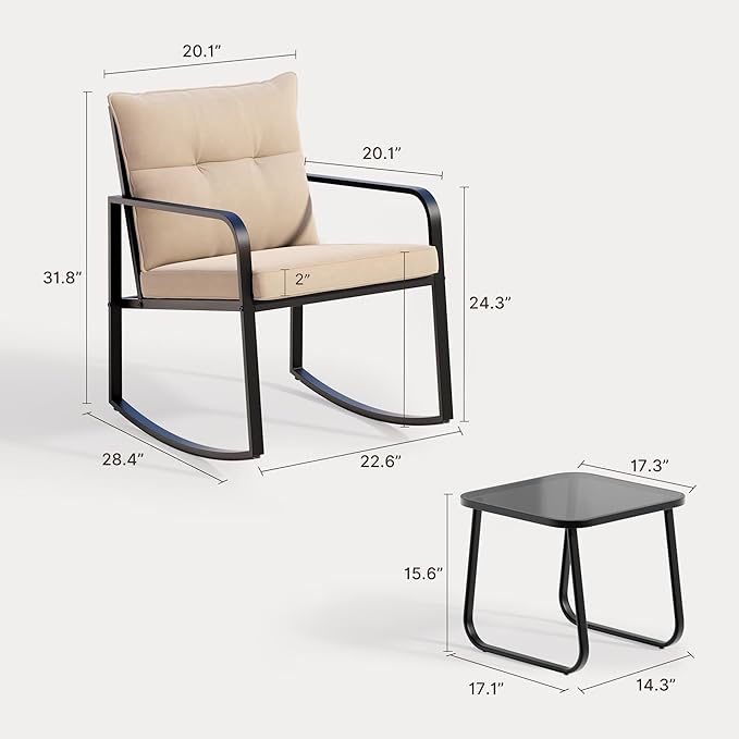 Gizoon 3 Piece Rocking Bistro Set, Black Steel Patio Furniture, Porch Chairs Conversation Set with Glass Coffee Table, Back Cushion, for Balcony, Garden, Pool, Backyard, Beige