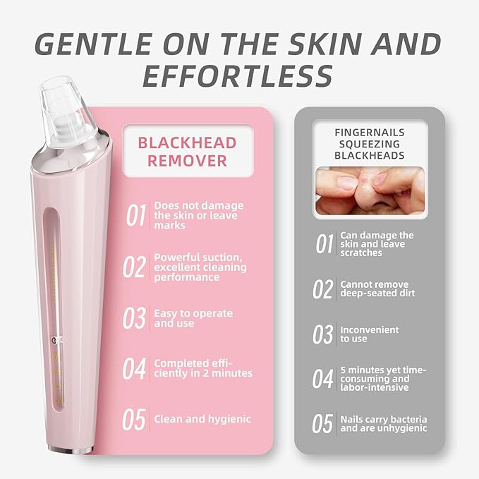 Blackhead Remover Vacuum, Pore Cleaner Blackhead Extractor, Pore Vacuum with 3 Adjustable Suction Levels & 4 Probes, USB Rechargeable Blackhead Remover Tools for Face & Nose (Pink)