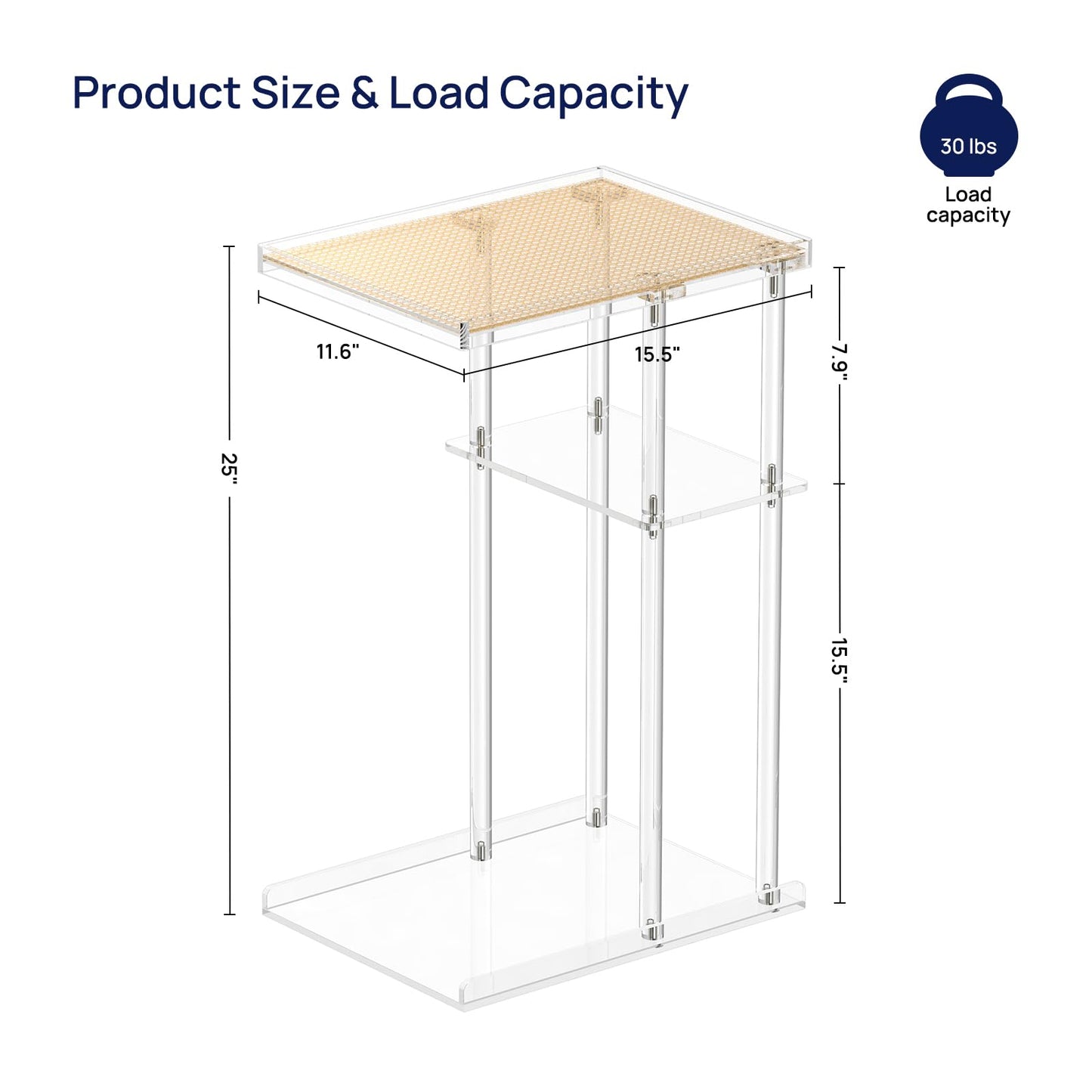 HMYHUM 3-Tier Acrylic Rattan Side Table for Small Spaces, Clear C Shaped End Table for Couch, Living Room, Bedroom, 15.5''L x 11.6''W x 25''H, Modern