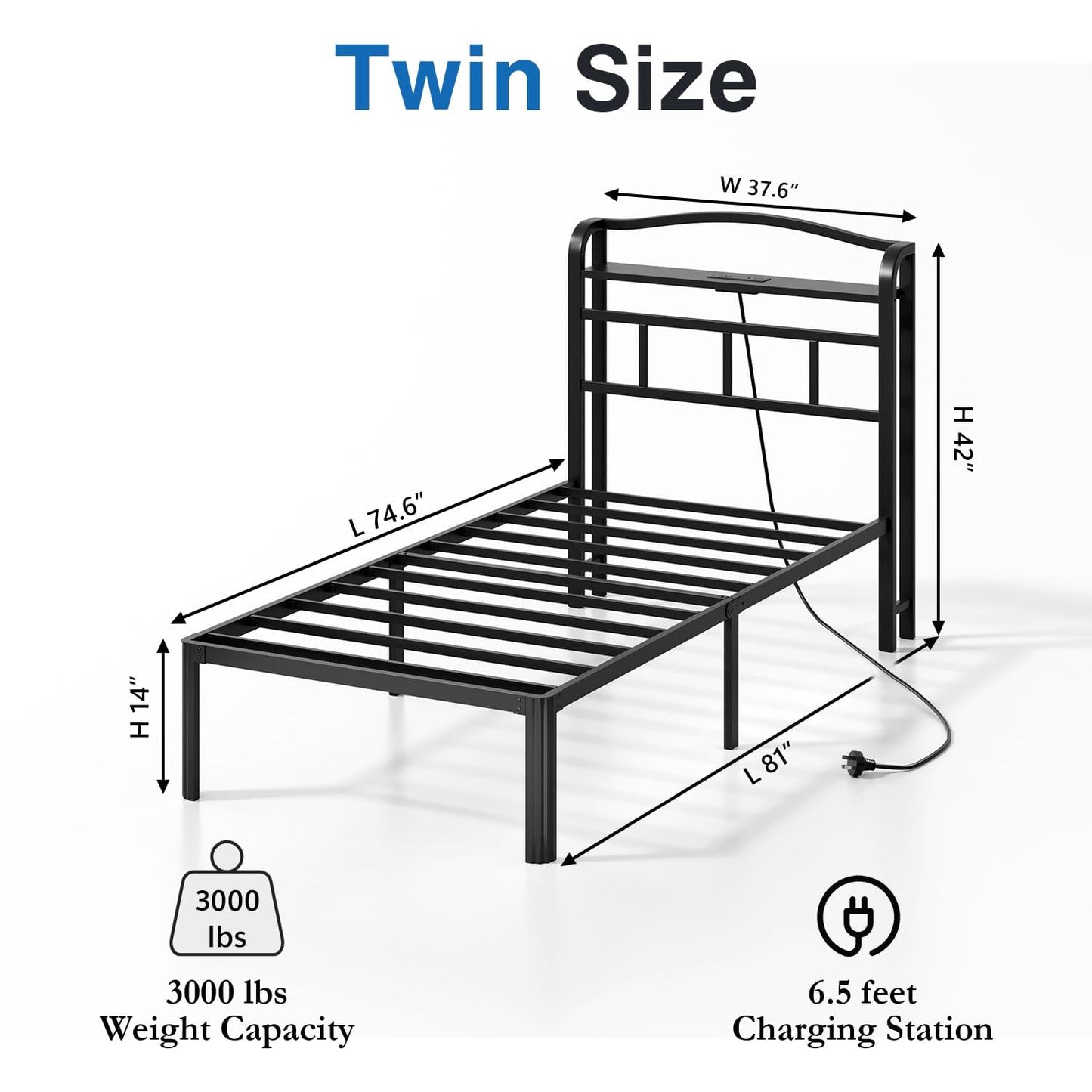 HAVONIZD Twin Bed Frame - Storage Headboard with Charging Station, 14 Inch Sturdy Metal Platform Bed Frame No Box Spring Needed, Easy Assembly, No Noise, Black