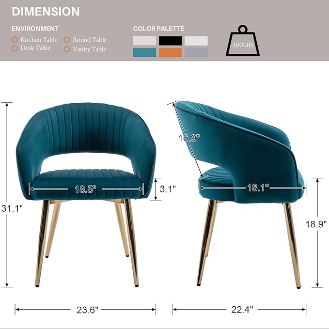 COMULER Teal Velvet Dining Chairs Gold Legs, Modern Dining Room Chairs with Arms Set of 2 Upholstered Accent Chair Armchair with Barrel Back for Kitchen Living Room