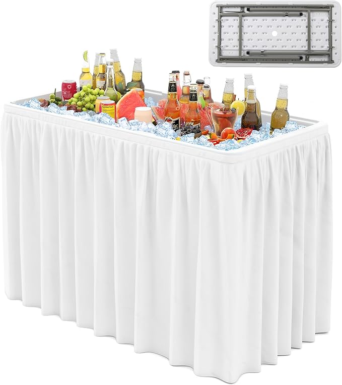 COSTWAY 46” Cooler Table, Folding Ice Table for Parties with Drain, Foldable Bucket & Removable Skirt, Ideal for Tailgate,...