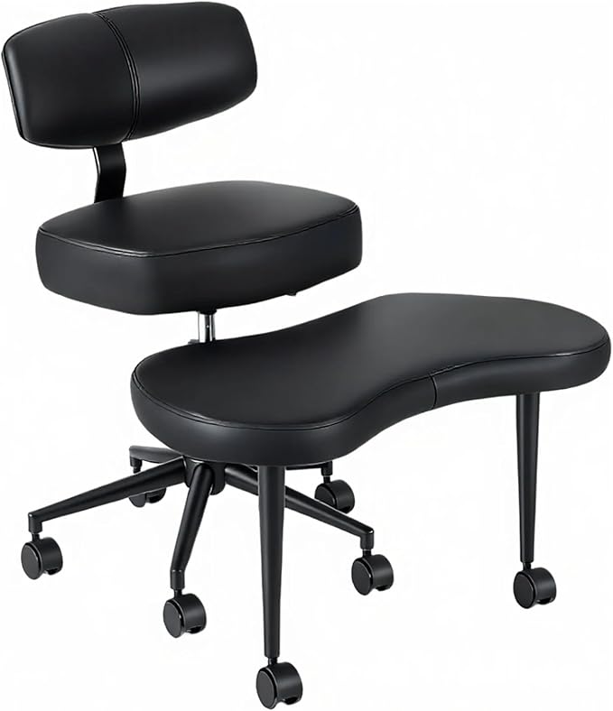 DUMOS Ergonomic ADHD Cross Legged Office Desk Chair with Adjustable Backrest, Height Adjustbale Meditation Chair with 360° Swivel Footstool, PU Leather Yoga Stool for Home Office, Black