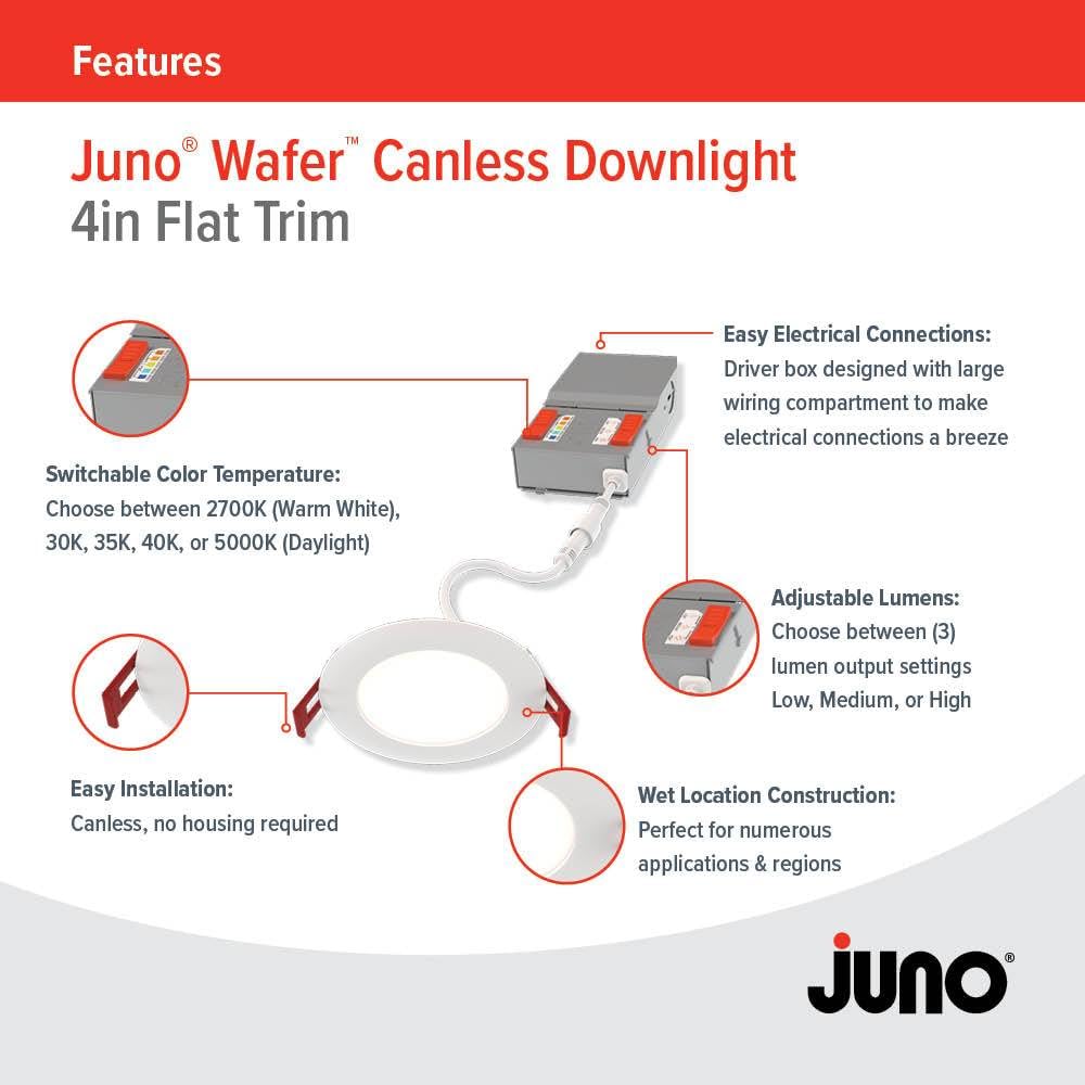 Juno LED Recessed Lights 4 Inch Round Baffle Wafer Downlight, 5-in-1 Switchable White Color Temperature, Adjustable Brightness, 120 Volts, 4-Inch Flat Trim, 1 Pack, Matte White