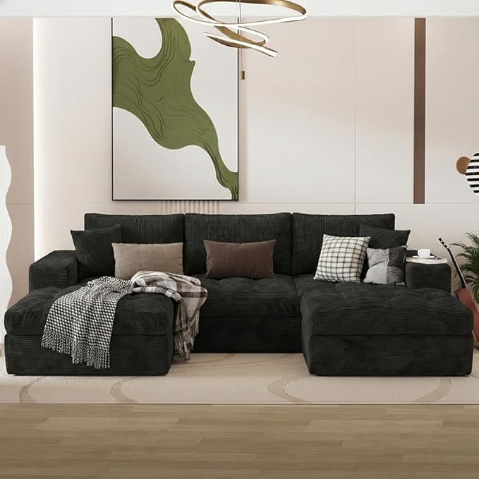 NAYA 106” Modular Sectional Sofa, Cloud Sectional Couch with Deep Seat, Modern Modular L-Shape Sofa Boneless Couch with Chaise for Living Room Bedroom (Black, Cloudy U-Shaped Minimalist Sofa)