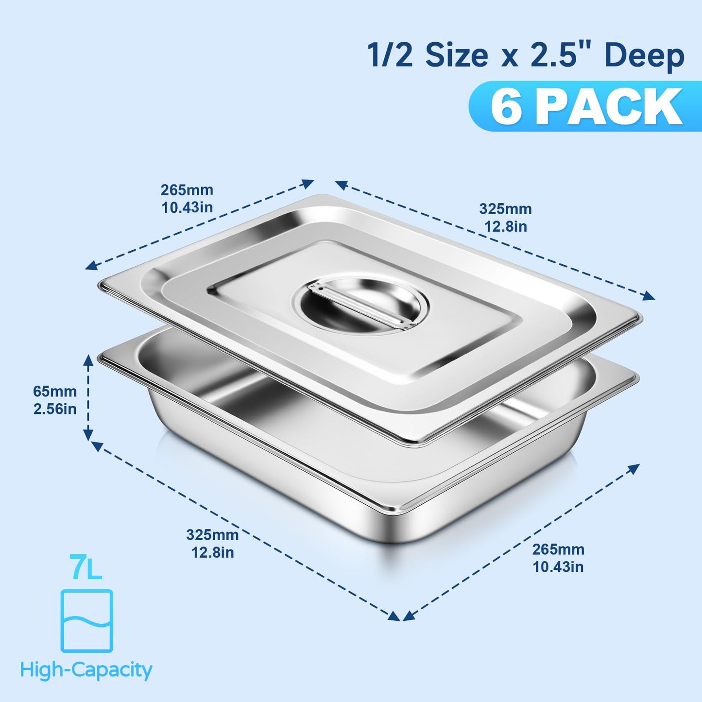 Hotel Pan with Lids 6 Pack 1/2 Size 2.5" Deep Stainless Steel Steam Table Pan, Commercial Food Pans for Catering Buffet Chafing Dish Pans Metal Steam Tray (1/2 Half Size x 2.5 Inch Deep, 6 Pack)