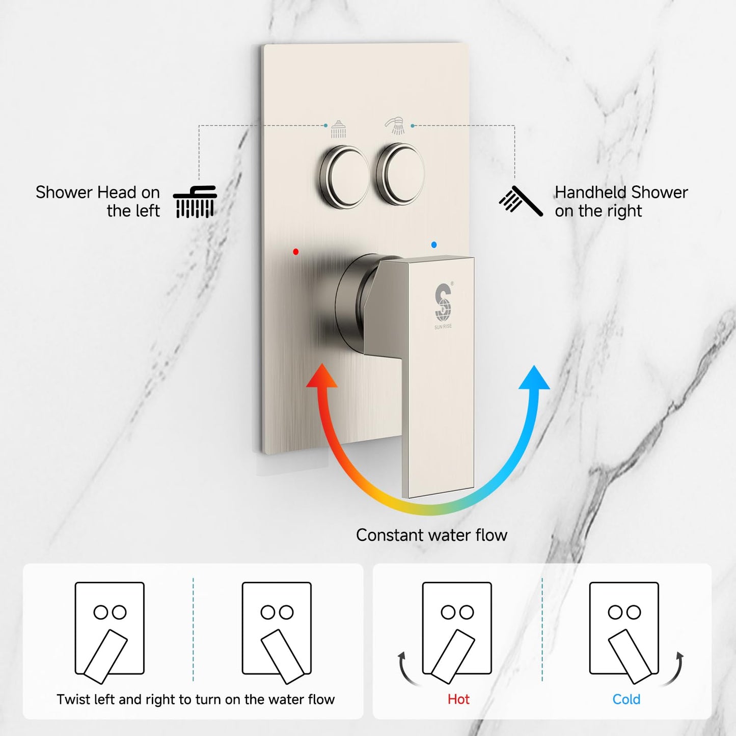 SR SUN RISE Shower System with Push Button Diverter, Wall Mounted Luxury 12 Inch Rain Shower Head with Handheld Spray, High Pressure Shower Faucet Combo Set with Rough-in Valve, Brushed Nickel