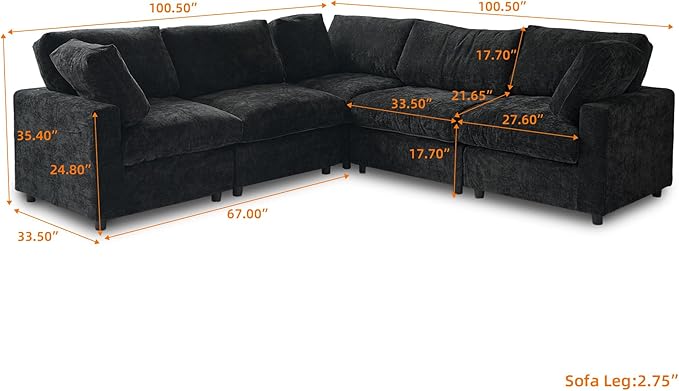 WJShome Cloud Couch Modular Sectional Sofa,100.5" V Shaped Couch, Convertible Wide Seater, 5 Seater for Living Room Set,Covers Washable&Replaceable,Black