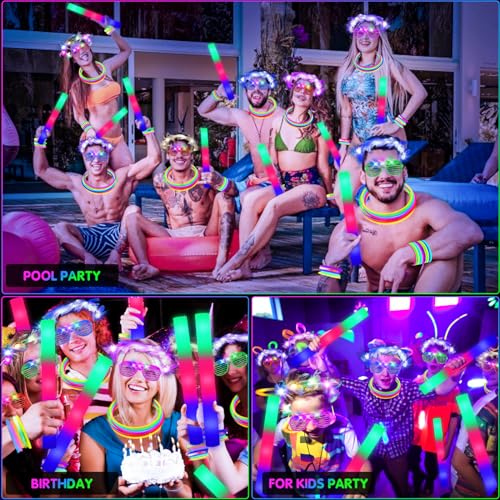 HONLYNE 142 PCS Glow in the Dark Party Supplies, 14PCS Foam Glow Sticks, 14PCS Light Up Headband,14PCS LED Glasses and 100...