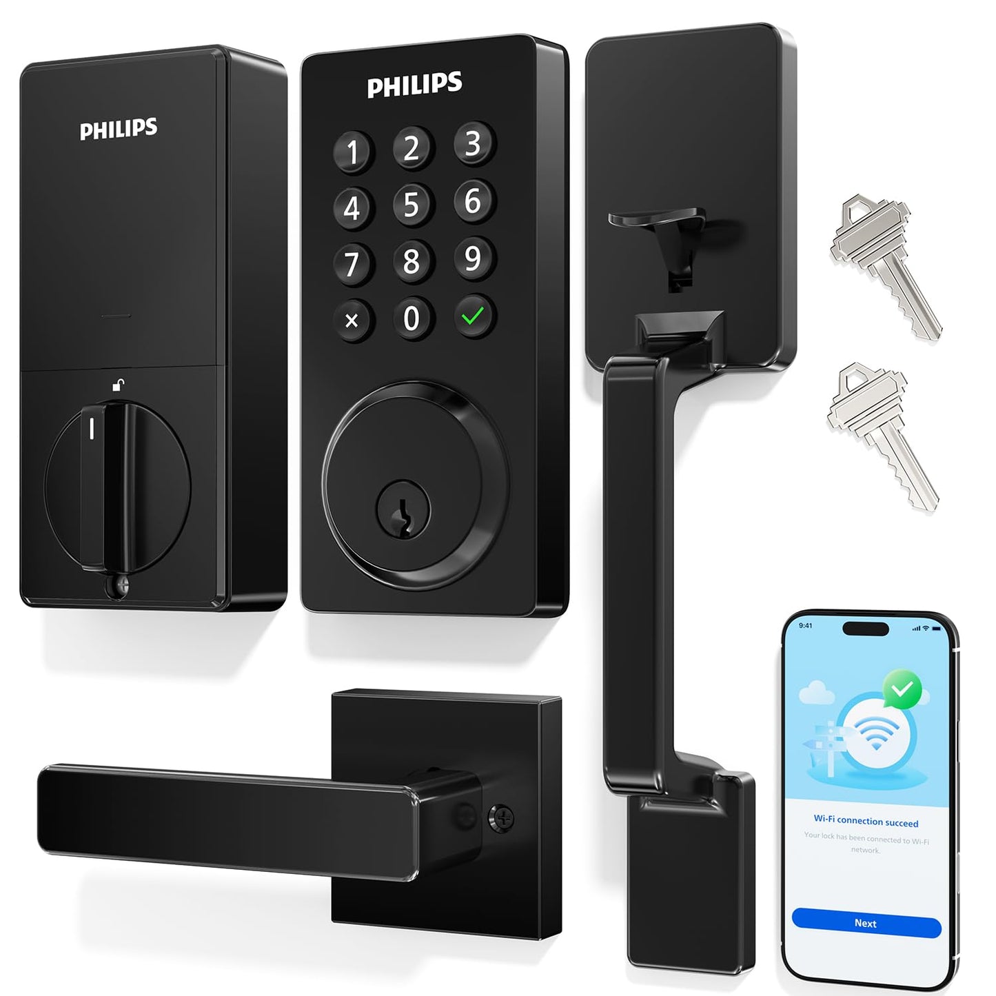 Philips Wi-Fi Smart Lock for Front Door, Keypad Door Lock with Handle, Built-in WiFi App Remote Control, Keypad Deadbolt Auto Lock for Front Door, Supports Alexa & Google, Matte Black