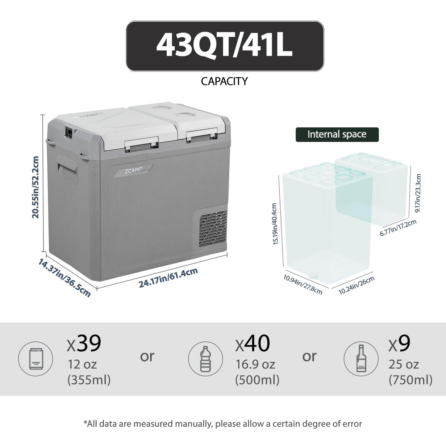 zcamp GES55 Portable Freezer,Dual Zone 12 Volt Car Refrigerator,43QT(41L) 12v cooler Fast Cooling Fridge, with 12/24V DC 100-240V AC for Camping, Outdoor, Travel, RV, Truck