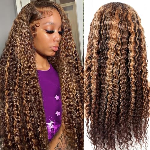 Highlight Ombre Lace Front Wig Human Hair Pre Plucked 13x6 HD Honey Blonde 4/27 Deep Wave Lace Frontal Wigs 200% Density Glueless Colored Wigs for Women Wet and Wavy Lace Front 18 Inch