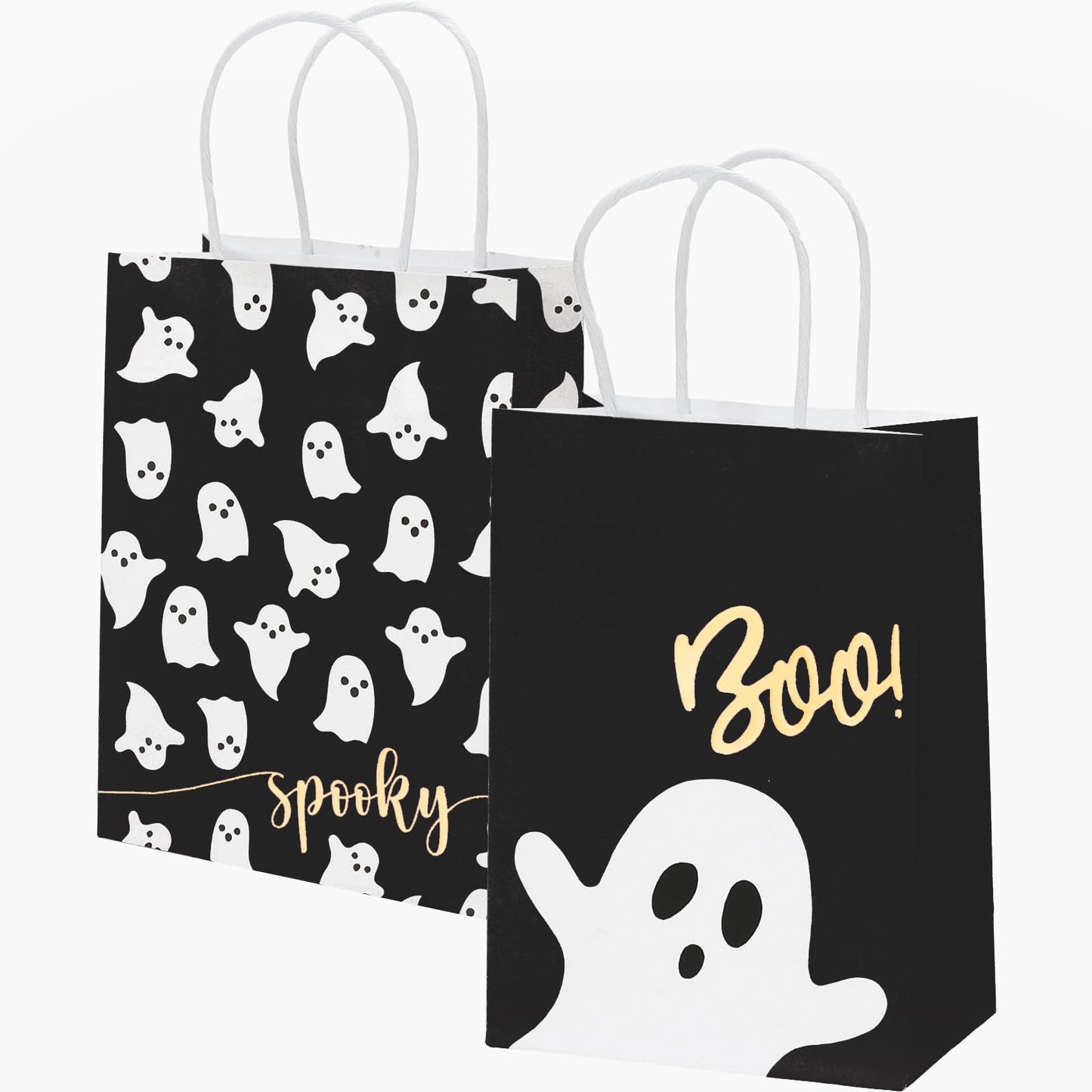JarThenaAMCS 24Pcs Halloween Paper Gift Bags With Handles - Black White Ghost Party Favor Candy Goodie Treat Bag for Holiday Birthday Party Supplies