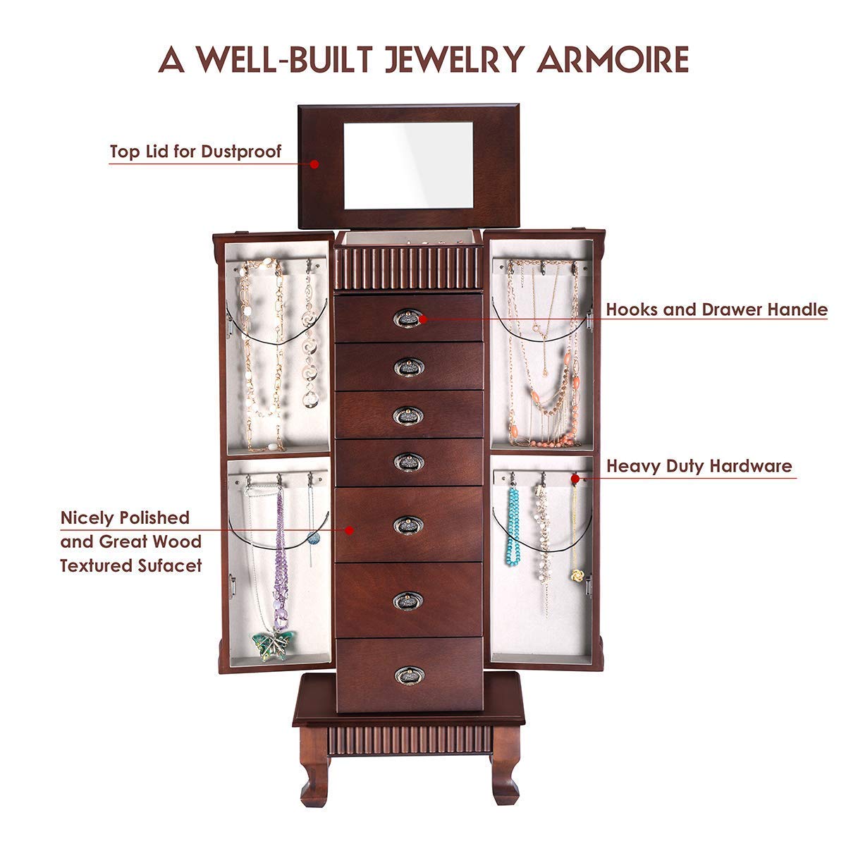 OFFICEJOY Jewelry Armoire Cabinet, Wooden Standing Jewelry Box w/ 7 Drawer, 2 Side Door, Flip Top Mirror, 12 Necklace Hook, Tall Jewelry Storage Chest for Women