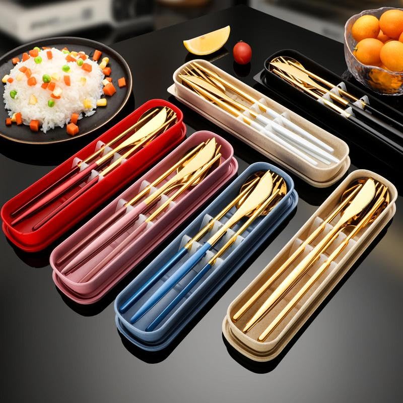 Stainless Steel Cutlery Set with Storage Box, 4 Counts Portable Reusable Utensils Set for Home Office School Camping Trave...