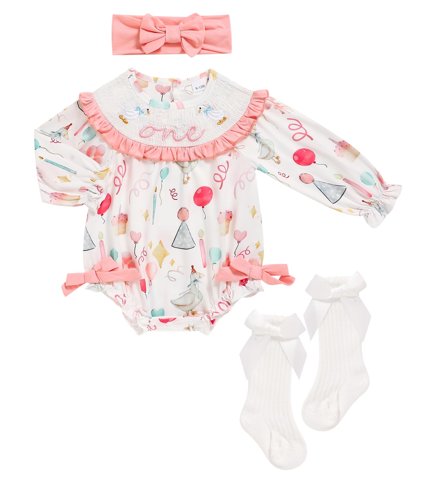 GRNSHTS Baby Girl 1st Birthday Outfits One Year Old Balloon Print Romper Embroidery Bodysuit Cake Smash Clothes(Pink,9-12M)