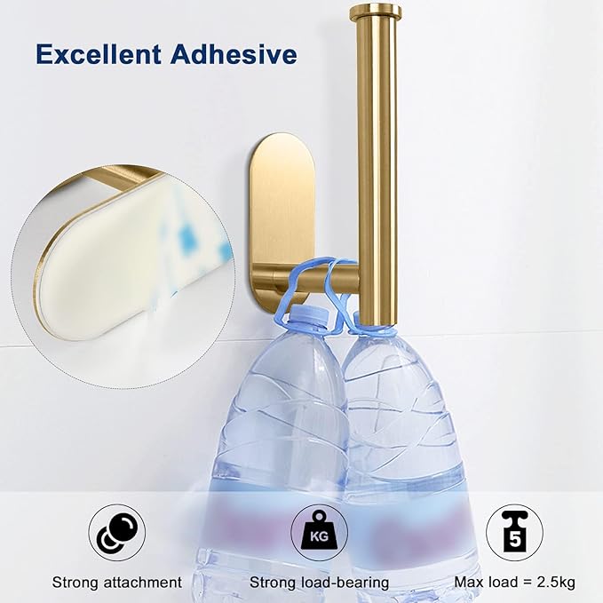 NearMoon Toilet Paper Holder Self Adhesive, Premium Thicken SUS304 Stainless Steel Rustproof Adhesive Toilet Roll Holder no Drilling for Bathroom, Kitchen, Washroom (4 Pack, Brushed Gold)