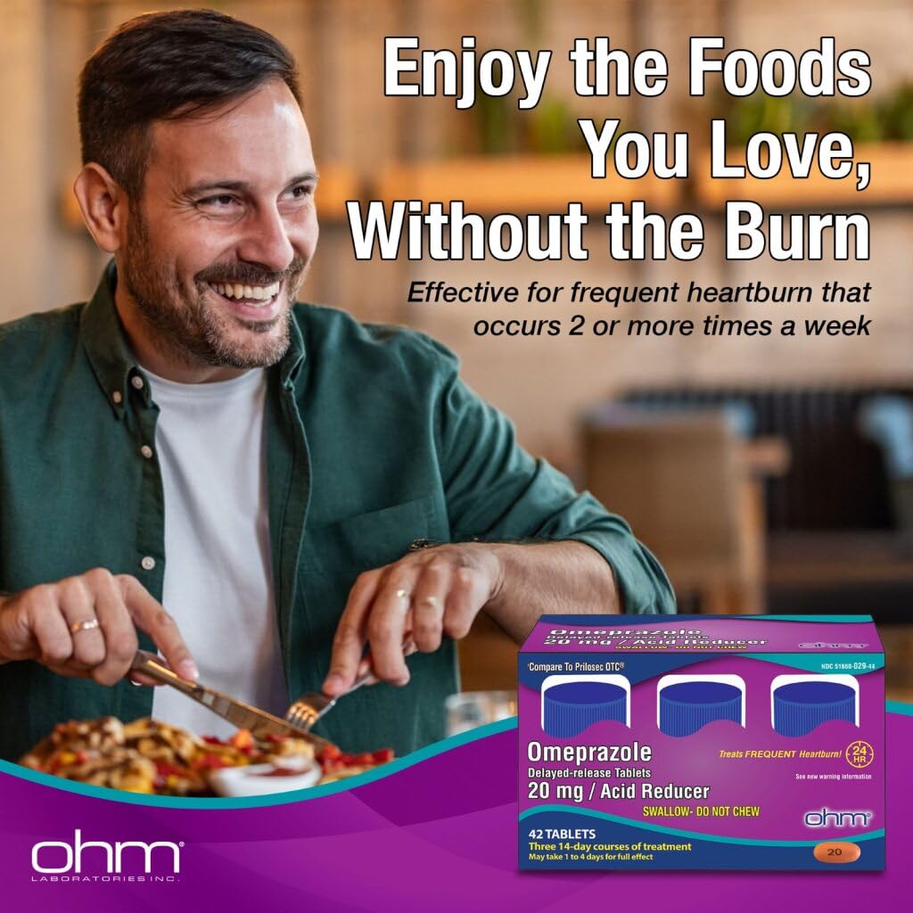 Ohm Omeprazole Delayed-Release Tablets, 20mg Acid Reducer, Treats Frequent Heartburn (12 Weeks of Supply, 84, Count)