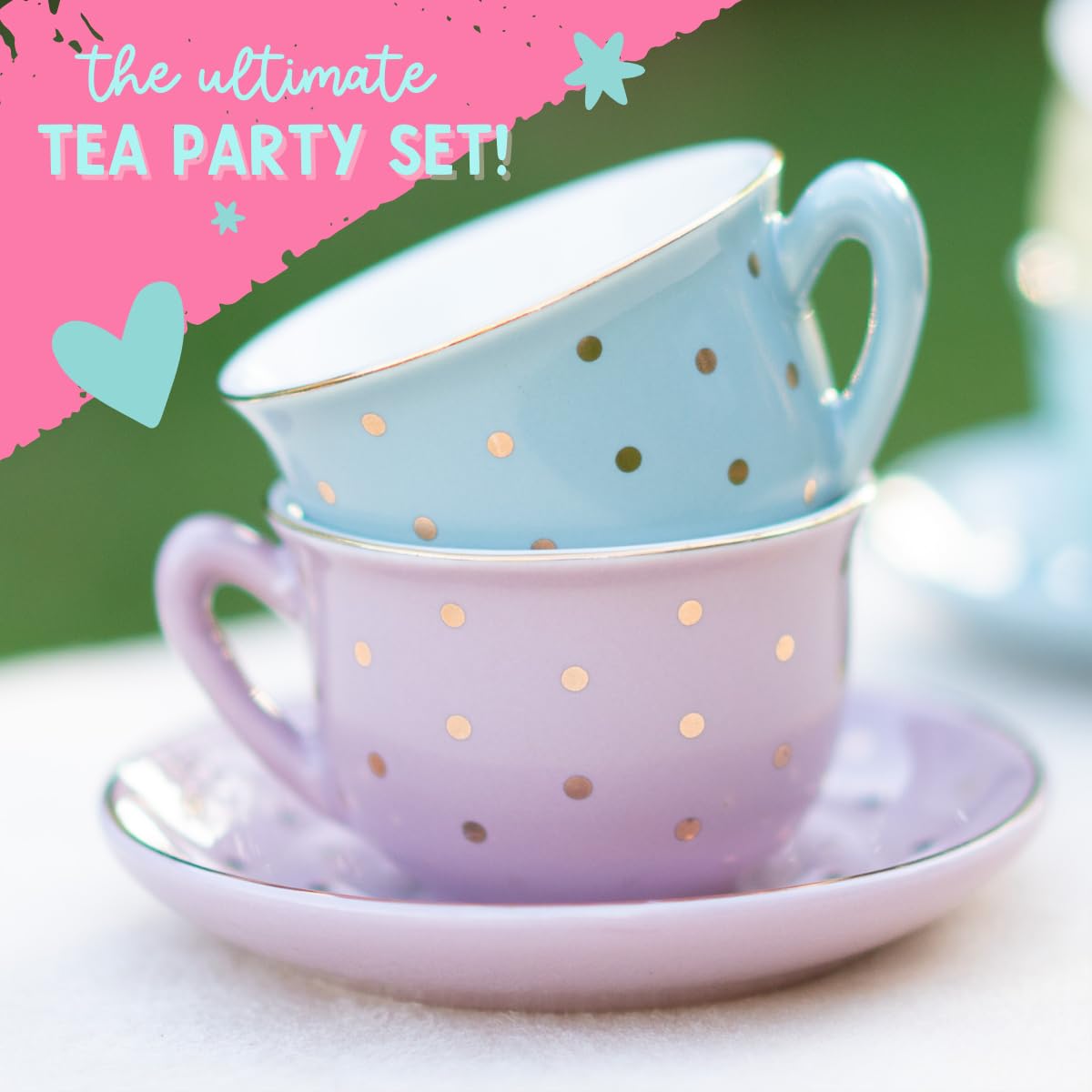 Porcelain Tea Set for Girls - Pastel with Gold Polka Dot Tea Party Set for Kids I Complete Children Tea Sets with Carry Case, Birthday Gift for Little Girls & Toddlers