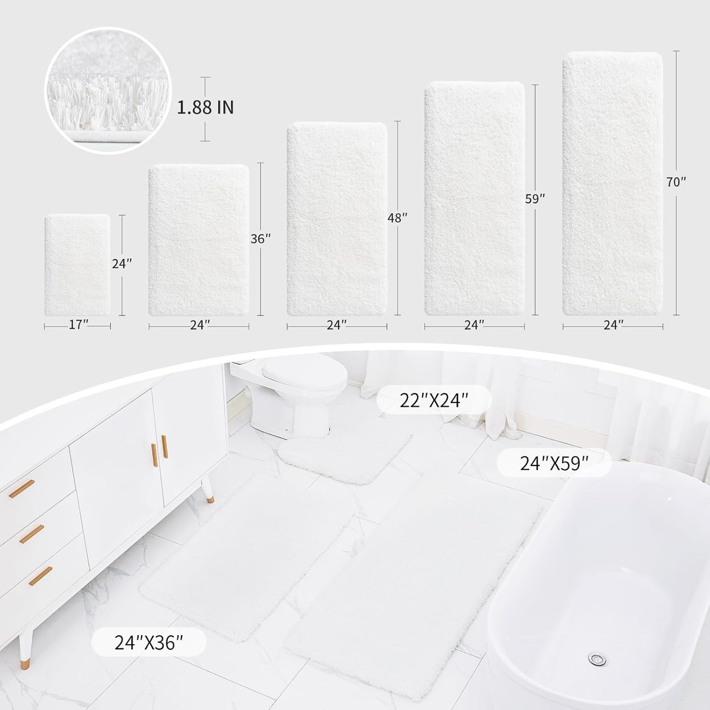 White Bathroom Runner Rug 24x59 Non Slip Fluffy Long Bath Mat for Bathroom Floor Washable Plush Luxury Bath Rug for Tub Absorbent Shower Sink Mat Bedside Rug