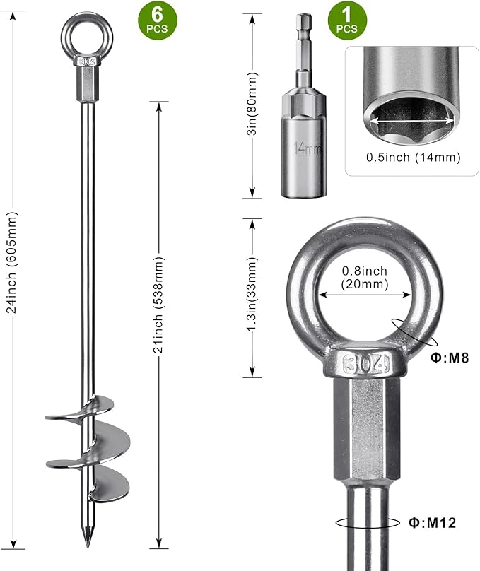 Insaga 24'' Fully Welded Ground Anchors Screw in, 3'' Wider Spiral Earth Anchor for Swing Set, 6pcs Mobile Home Anchors, Wind Resistant Trampoline Wind Anchors, Ground Anchors for Sheds