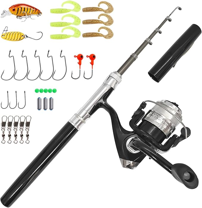 Portable Mini Small Fishing Rod and Spinning Reel Combos, Compact 38inch Pocket Pen Fishing Pole Telescopic with Line Lure...