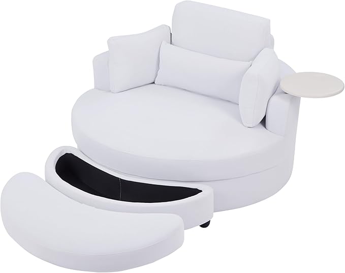 Yoglad Oversized Round Swivel Accent Chair - 360 Degree Chairs with Ottoman Armrest Tray Ideal for Living Room, Bedroom(Corduroy White)