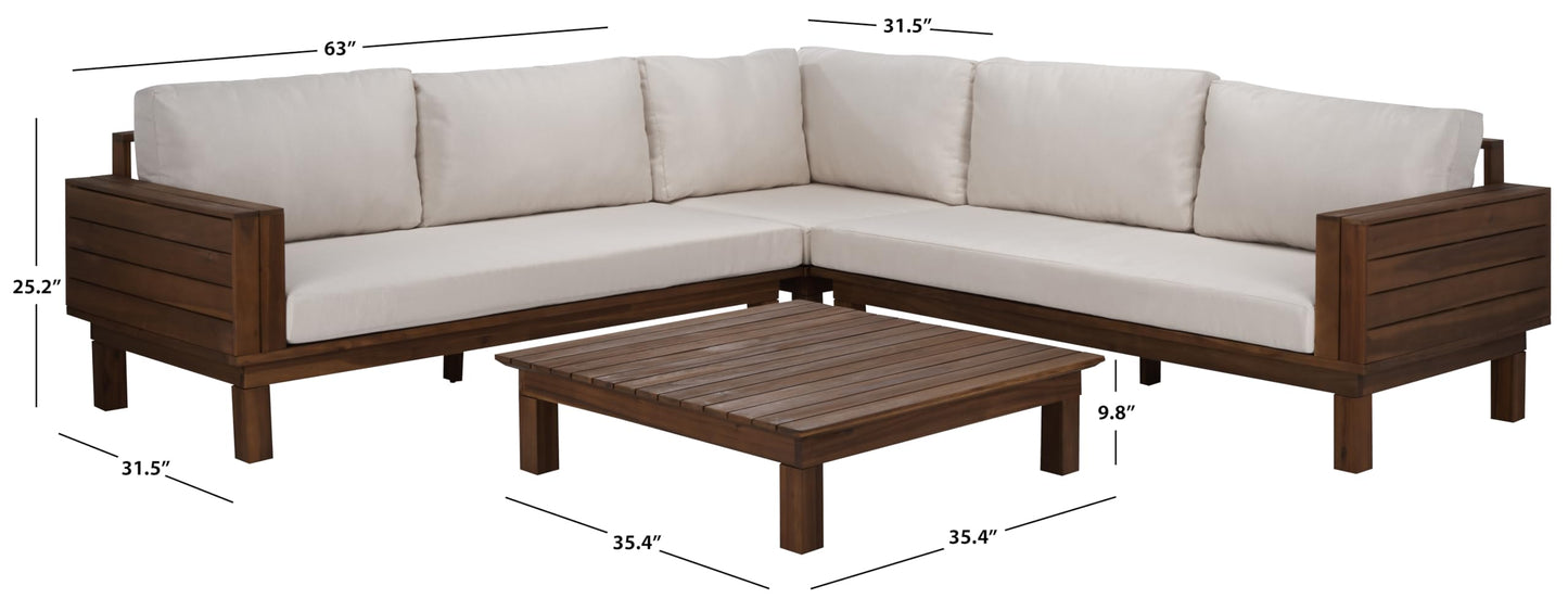 SAFAVIEH Outdoor Patio Furniture Collection - Napoli Teak Brown & Cream Solid Wood 4-Piece Sectional Sofa Set with Coffee Table, Durable Cushions, Modern Outdoor Seating (PAT6806A)