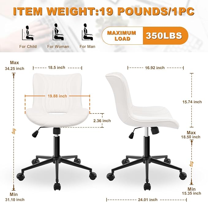 VATROS Office Chair, Armless Desk Chair with Wheels, Ergonomic Comfy Home Office Computer Task Chairs, Faux Leather Padded Cute Vanity Chair, Adjustable Height Swivel Chair with Back,White