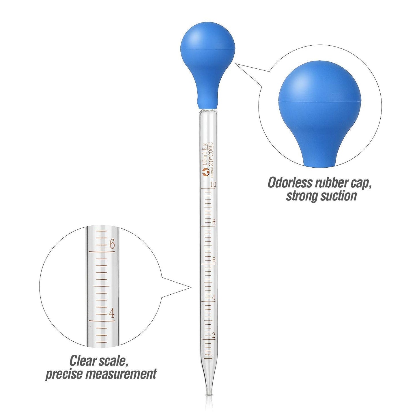 2Pcs Glass Graduated Dropper Pipette for Liquid Essential Oil, 10ml Lab Dropper Pipettes Transfer with Rubber Cap and 1Pc Cleaning Brush