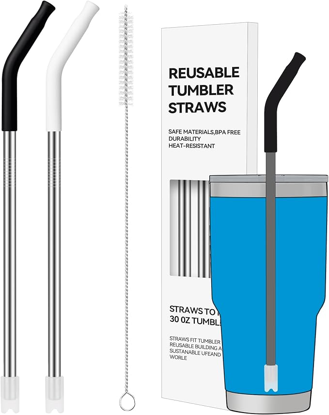 2 PCS 30oz Reusable Straws Ideal for 30oz Stanley Cup & 24oz Tumblers, Stainless Steel Drinking Straw with Anti-Clank Silicone Bottom, Fits Most Medium-Size Mugs