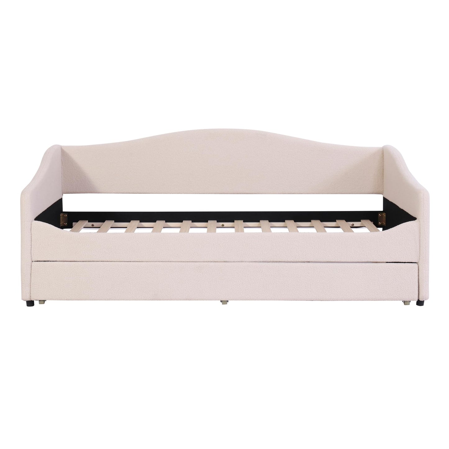 Twin Size Teddy Fleece Upholstered Daybed with Trundle and LED Lights, Daybed Frame with Stripe Design, Soft Fabric Sofa Bed with Slat Support, Space Saving Bed for Bedroom Living Room, White