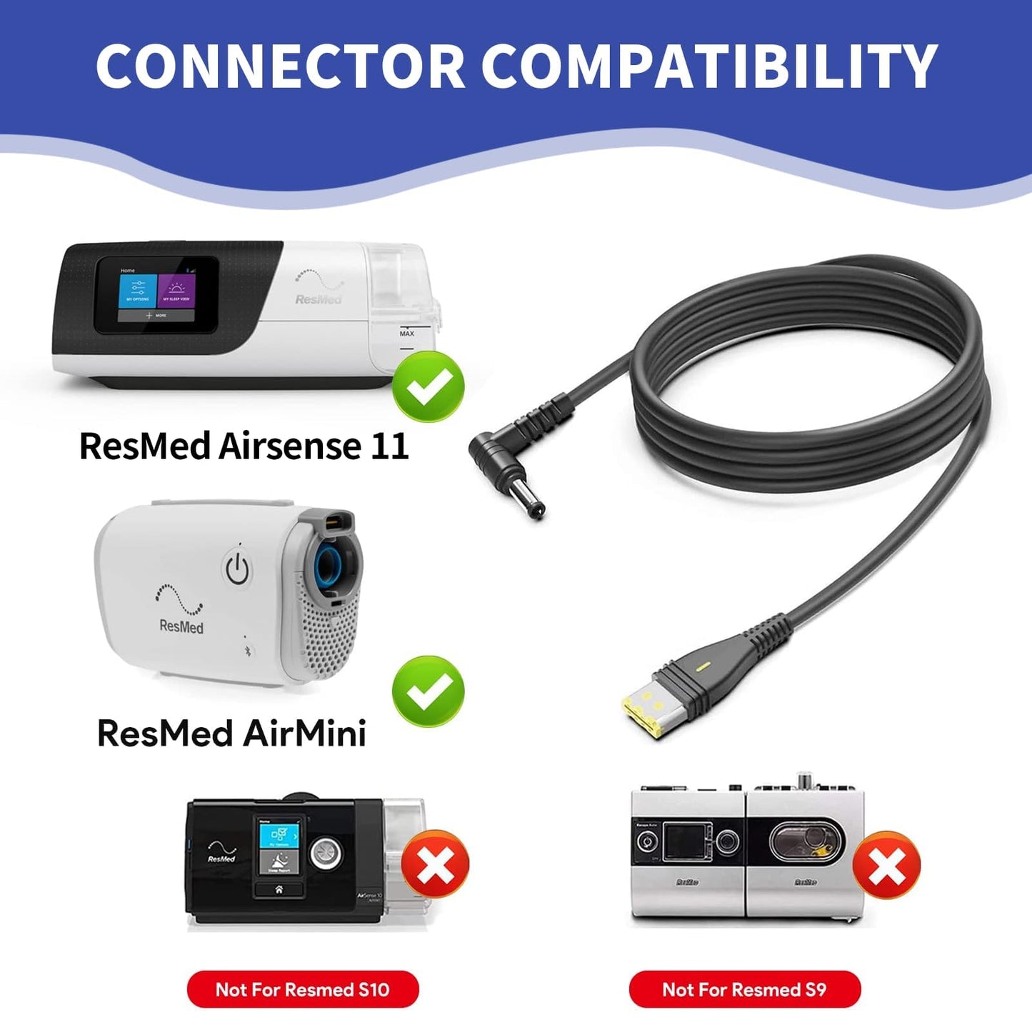 DC 24V Power Cord Compatible with ResMed AirSense 11 & AirMini CPAP Machines, DC Charging Cable Works with MAXOAK K5 K6, Medistrom Pilot-24 Lite, 24V CPAP Battery Backup & Power Stations