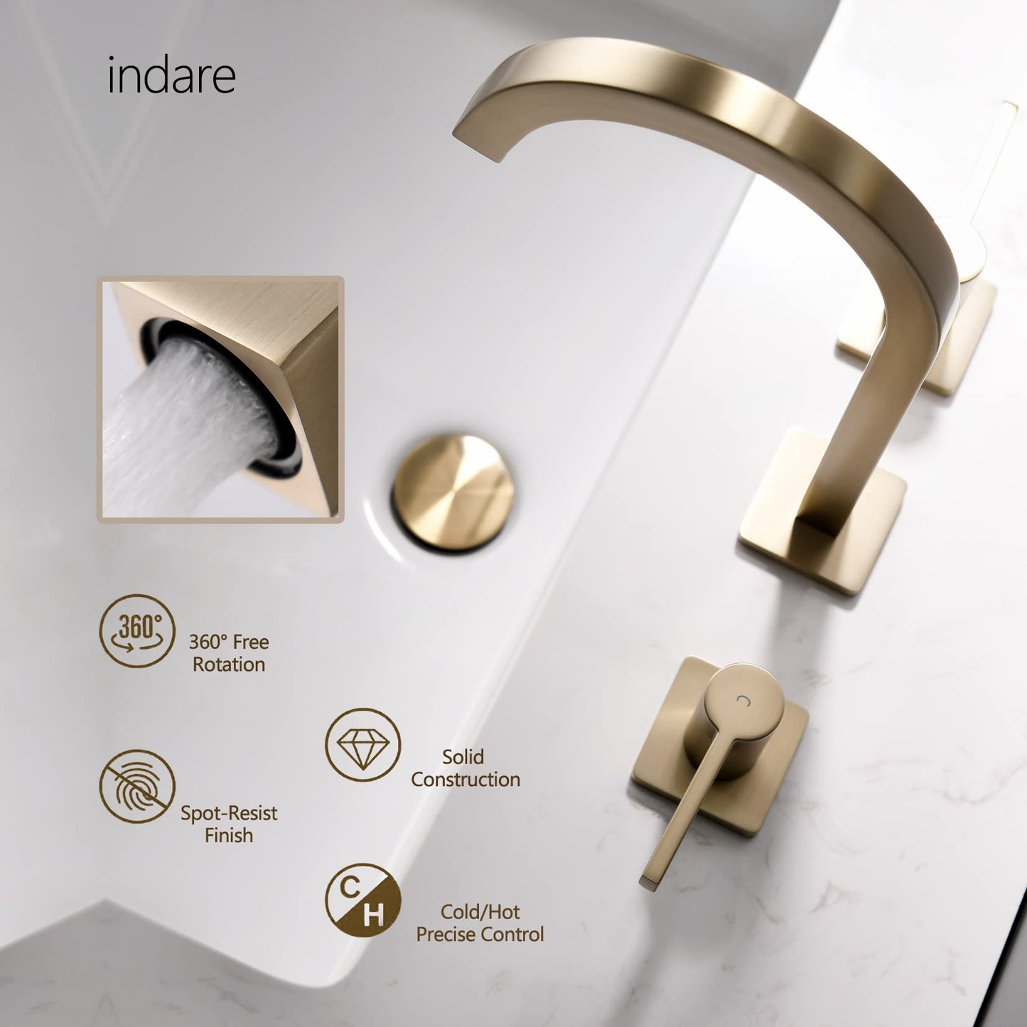 INDARE Brushed Gold Bathroom Faucets, 8 Inch Brass Widespread Bathroom Sink Faucet 3 Holes, Two Handles Sink Faucet with Metal Pop-Up Drain & CUPC Supply Lines, for Gold Vanity RV