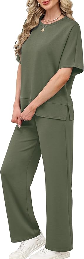 XIEERDUO Women's Side Slit Lounge Sets 2 Piece Travel Outfits Airport Tracksuit Oversized Wide Leg Loungewear S-3XL