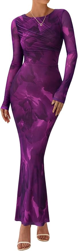 PRETTYGARDEN Women's Long Sleeve Floral Fall Wedding Guest Dress Casual Crewneck Ruched Bodycon Mesh Long Maxi Dresses