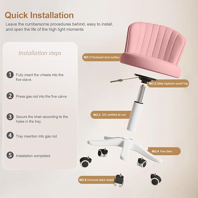 Small Round Rolling Desk Chair Armless Comfy Vanity Computer Chair with Low Backrest PU Leather Height Adjustable Swivel Work Spa Chair