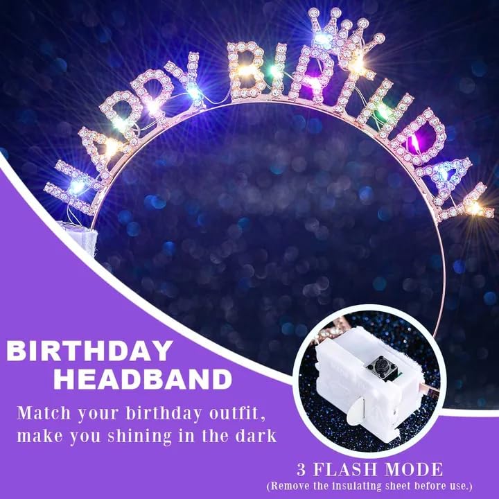 Uranian Light Up Birthday Headbands LED Rhinestone Halo Crown Silver Birthday Hairbands Brithday Hair Accessories for Women