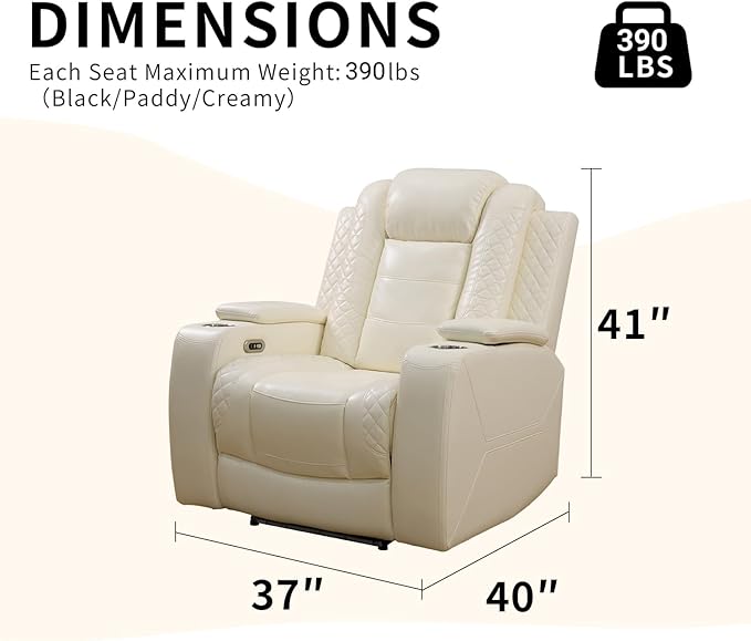 Caberryne Power Recliner Chair with LED Lights,Leather Reclining Couch with Storage Console/Arm Cup Holder for House/Home Theater/Small Space/Rv(Single Chair,Creamy)